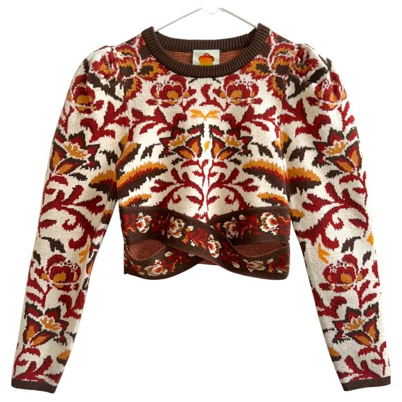 FARM Rio Cropped Floral Jacquard-Knit Sweater XS Colorful Boho Top - Picture 1 of 9